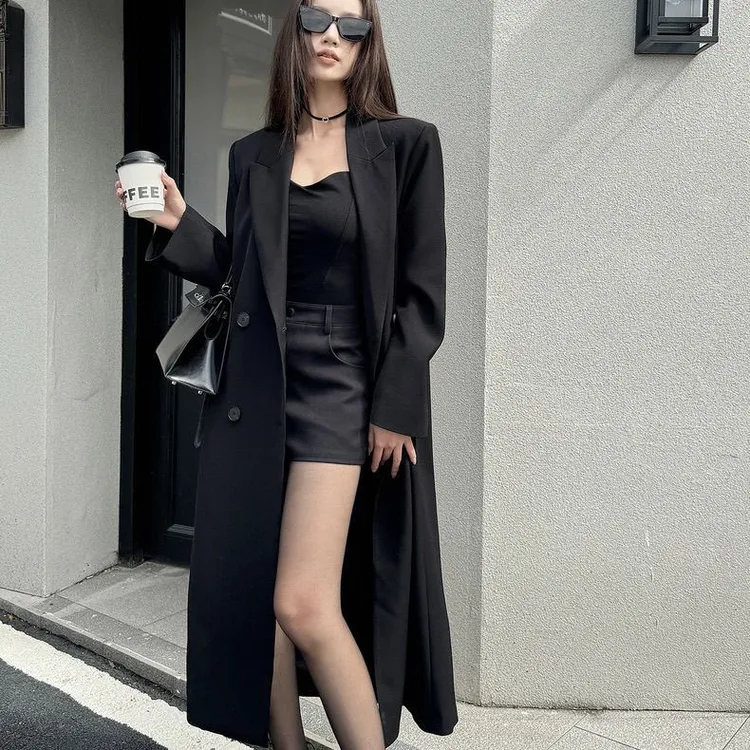 黑色双排扣正肩垫肩风衣外套2025春秋季新款韩系百搭老钱黑色风衣
