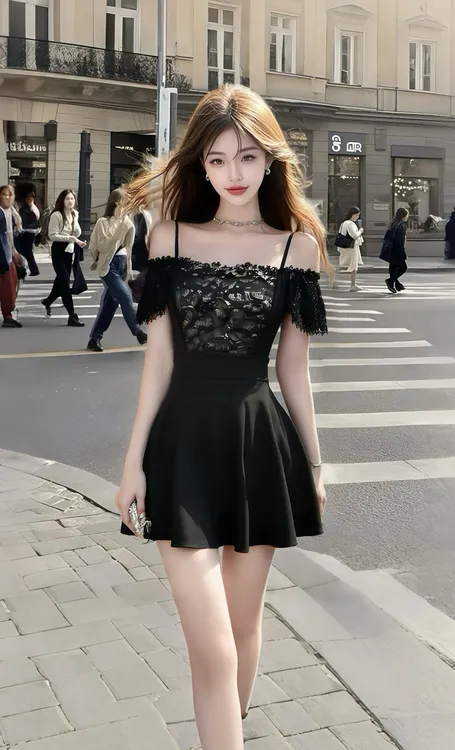 夏季新款2025黑色一字肩吊带露肩设计收腰蕾丝连衣裙女小众高级感