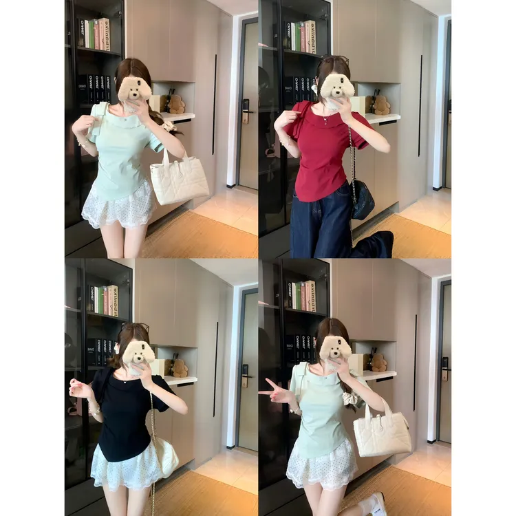 2025夏季新款胖mm大码不规则蝴蝶结T恤女纯欲修身显瘦上衣80095