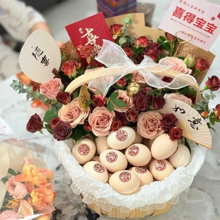 木编月子鸡蛋手提花篮产妇闺蜜鸡蛋鲜花篮节日礼品DIY月子材料包