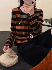 【左耳与麻】2025秋季桑蚕丝羊毛镂空撞色条纹圆领针织开衫17010