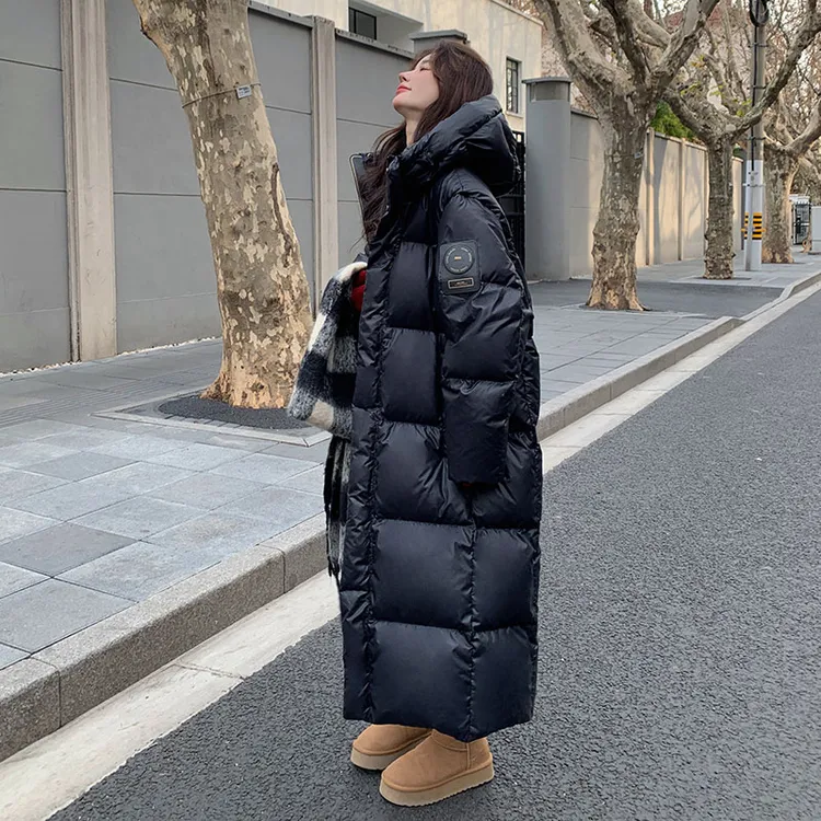 【保暖羽绒服】黑金鹅绒服女冬季2025新款连帽宽松过膝加厚长款外套