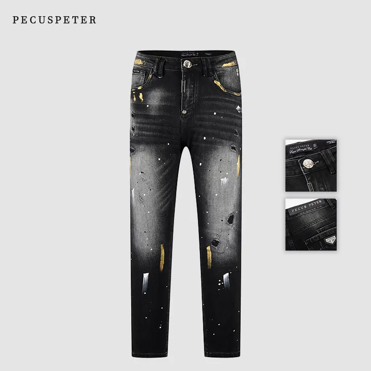 Pecus Peter2025秋冬款PP黑色潮流泼墨微弹舒适修身牛仔裤