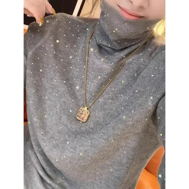 2025秋冬新款轻奢高领时髦洋气毛针织衫女独特重工烫钻打底衫上衣