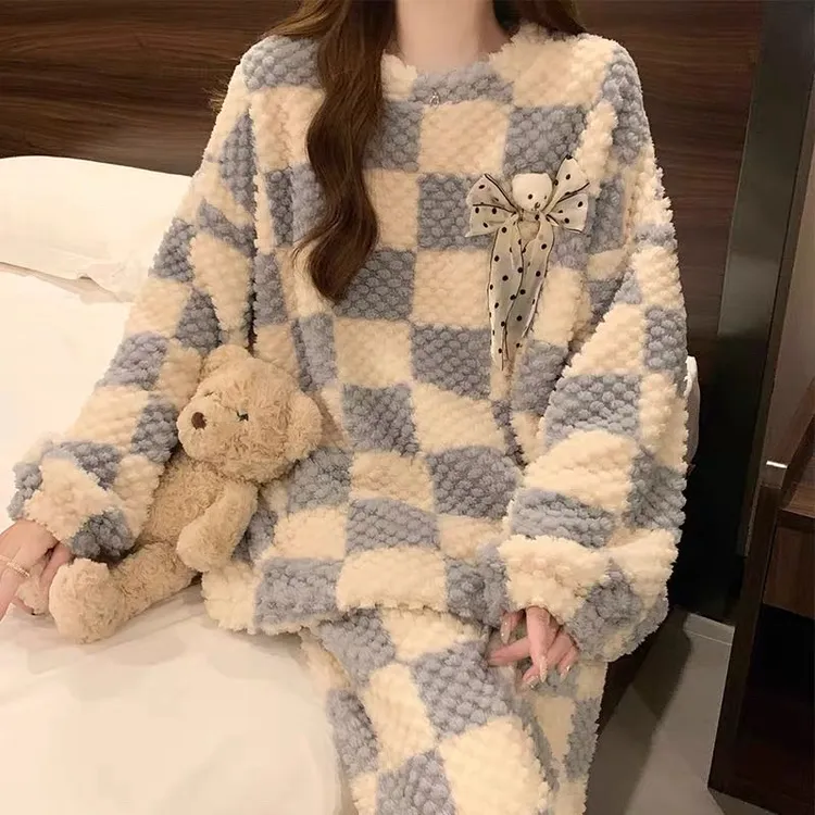 睡衣女秋冬季加绒加厚款珊瑚绒长袖冬天保暖甜美法兰绒家居服套装