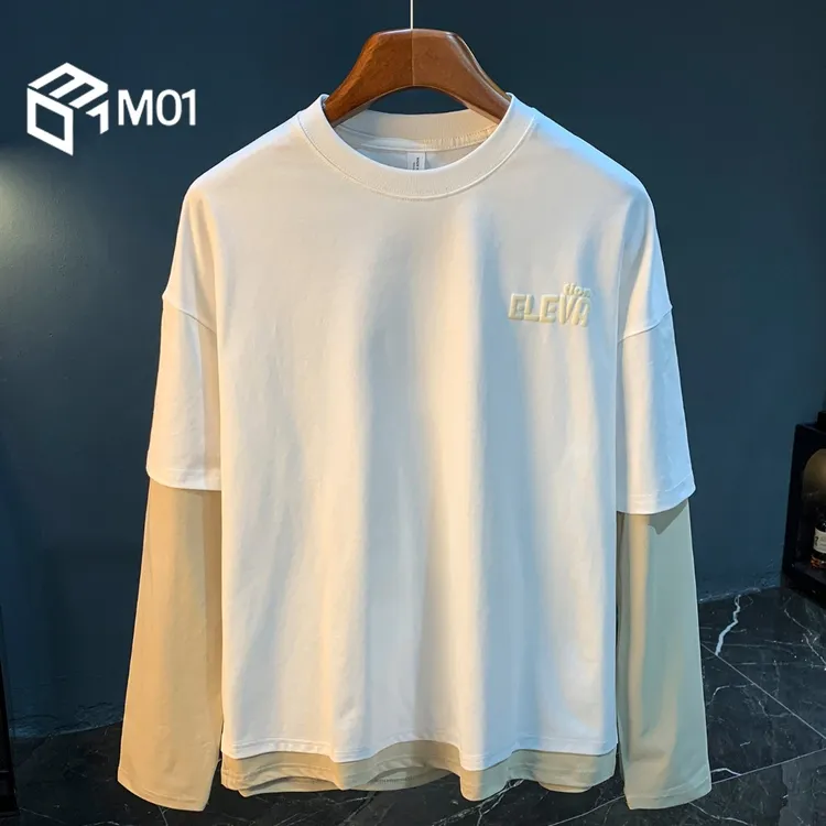 M01男款潮牌长袖t恤夏季高街假两件圆领T恤衫大码宽松薄款卫衣男