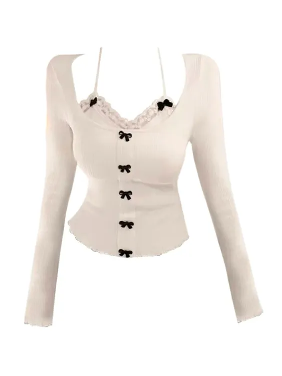 Amy家 微胖mm假两件蝴蝶结辣妹针织衫女秋冬季设计感蕾丝拼接上衣