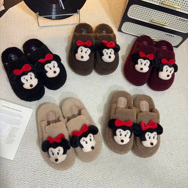 2025秋冬季新款网红时尚厚底加绒防滑包头米老鼠毛毛鞋毛拖