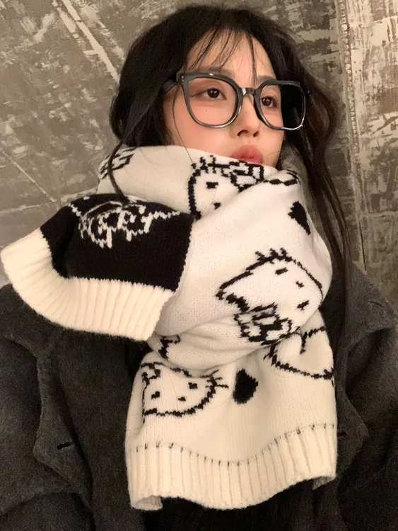 可爱kt猫双面针织围巾女冬季韩系百搭氛围感加厚保暖护颈小巧围脖