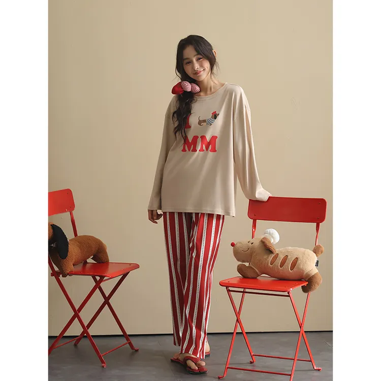【美家臣】新款睡衣女春秋款针织棉长袖长裤家居服卡通腊肠狗套装