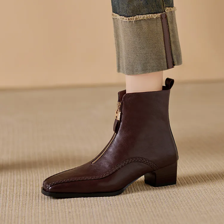 真皮时尚前拉链复古女鞋百搭方头中跟短靴瘦瘦靴女靴时装秋冬单靴