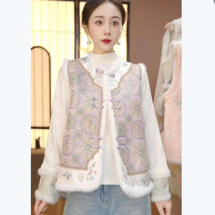 新中式国风夹棉马甲秋冬新款时尚毛边洋气宝相花复古减龄加厚上衣