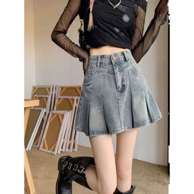 大码美式复古牛仔半身裙女夏季新款高腰百褶裙设计感辣妹A字短裙