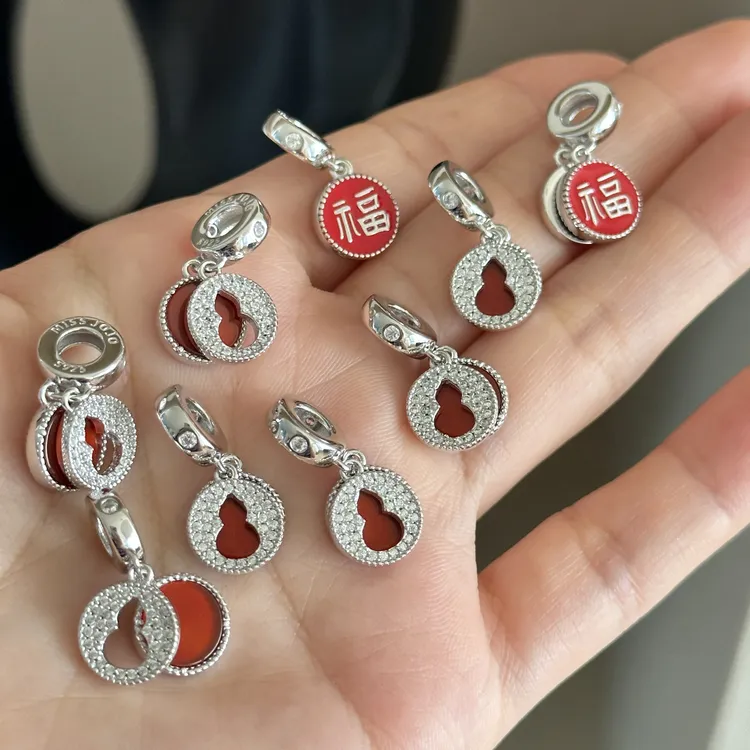 吊坠925银合成锆石 原创设计时尚简约女红葫芦福字串珠吊坠 3861