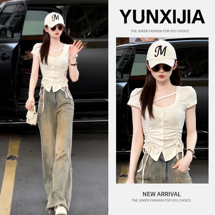 今年流行时尚穿搭一整套女装减龄显瘦上衣高腰气质牛仔裤两件套