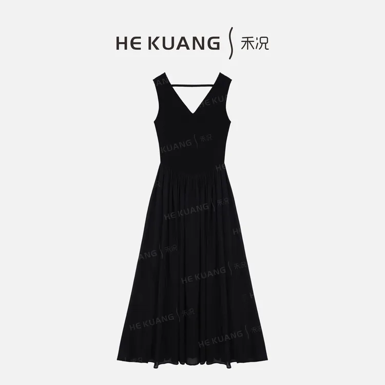 禾况HEKUANG【黑天鹅】法式轻奢无袖拼接设计师款连衣裙L652 0281