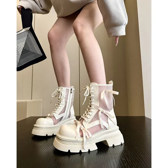 夏天仙气飘飘+小众网纱薄款厚底马丁靴女短靴子蝴蝶结配裙子凉靴