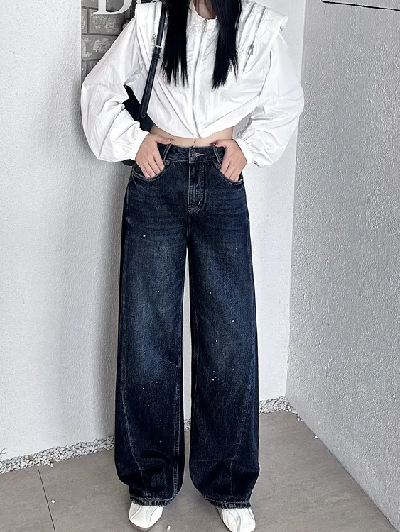 秋季新款美式复古弯刀直筒阔腿牛仔裤中高腰宽松显瘦休闲时尚长裤