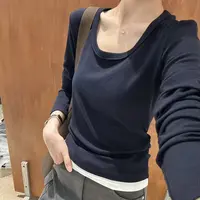 常规款圆领长袖灰色抽褶女式T恤休闲春秋套头显瘦
