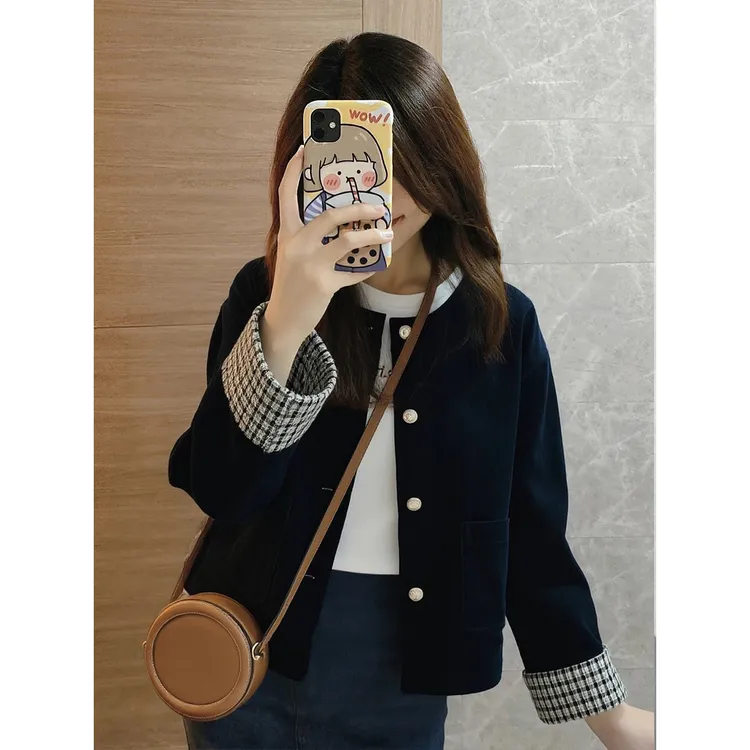 2025秋季新款高级感气质复古格子拼接夹克藏蓝色灯芯绒外套女秋冬