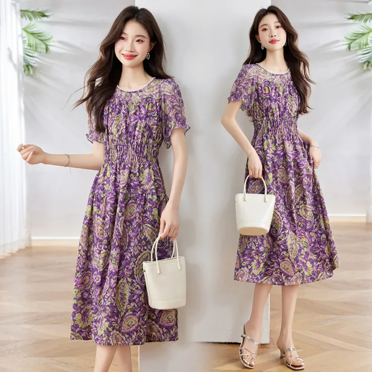 法式复古碎花连衣裙女2025年夏季新款时尚气质收腰显瘦中长款裙子