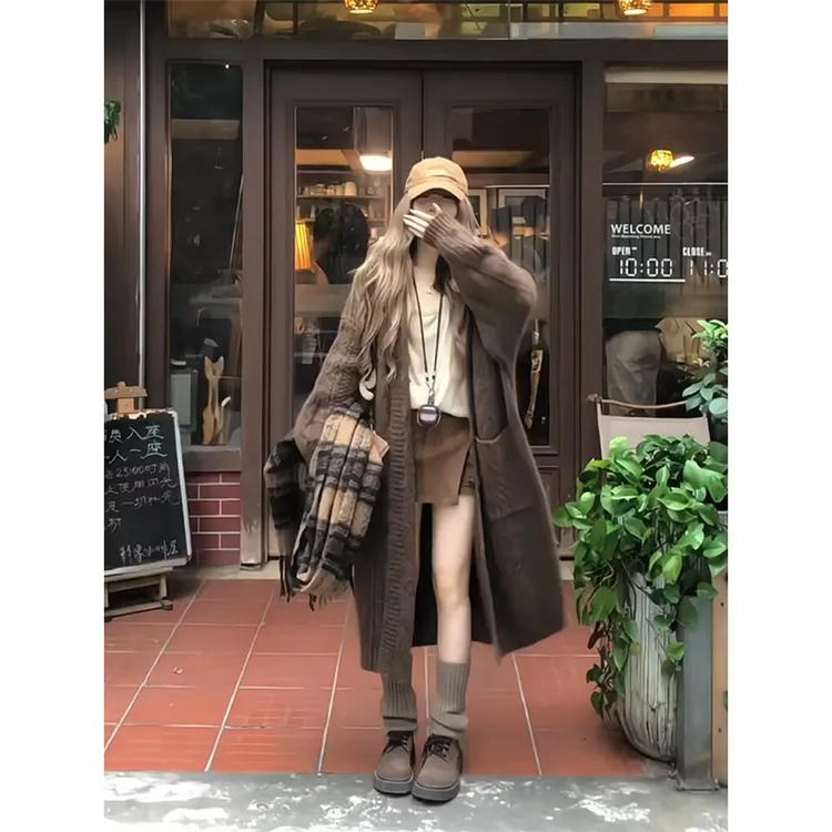 parkyeon秋冬新款韩系慵懒风针织开衫毛衣外套高腰显瘦半身裙套装