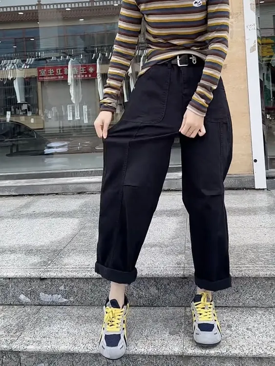 2025秋季新款九分黑色哈伦牛仔裤女梨形身材显瘦遮肉大码老爹裤子