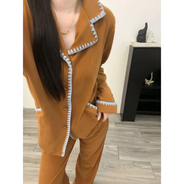 【雅丹风撞色】韩版拼接舒适德绒睡衣女冬加厚加绒套装休闲家居服