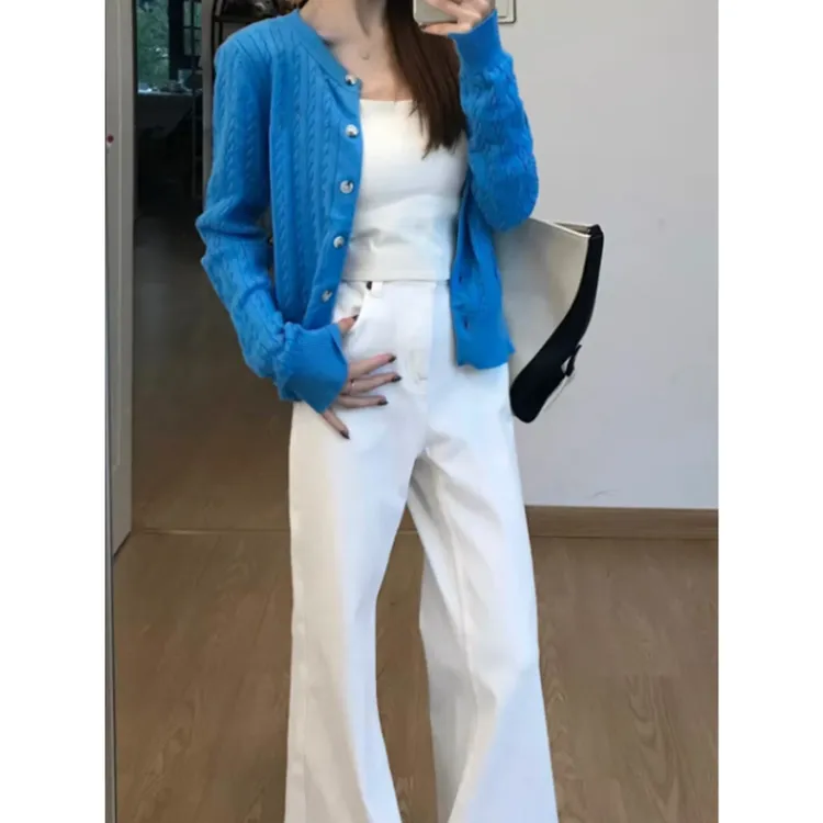 韩系早秋氛围感穿搭蓝色圆领麻花毛衣开衫女秋冬修身短款针织外套
