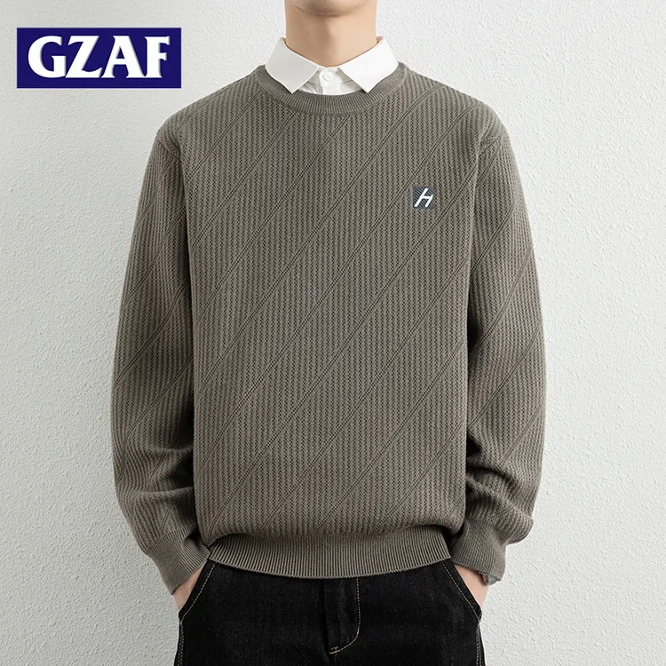 GZAF新款秋冬季假两件毛衣男士青年高档衬衫领针织打底衫纯色线衣