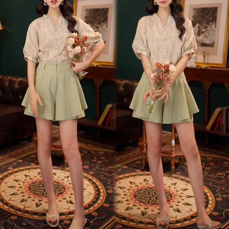 温柔衬衣休闲百搭短袖衬衫女夏季上衣短裙女高腰A字显瘦裙裤