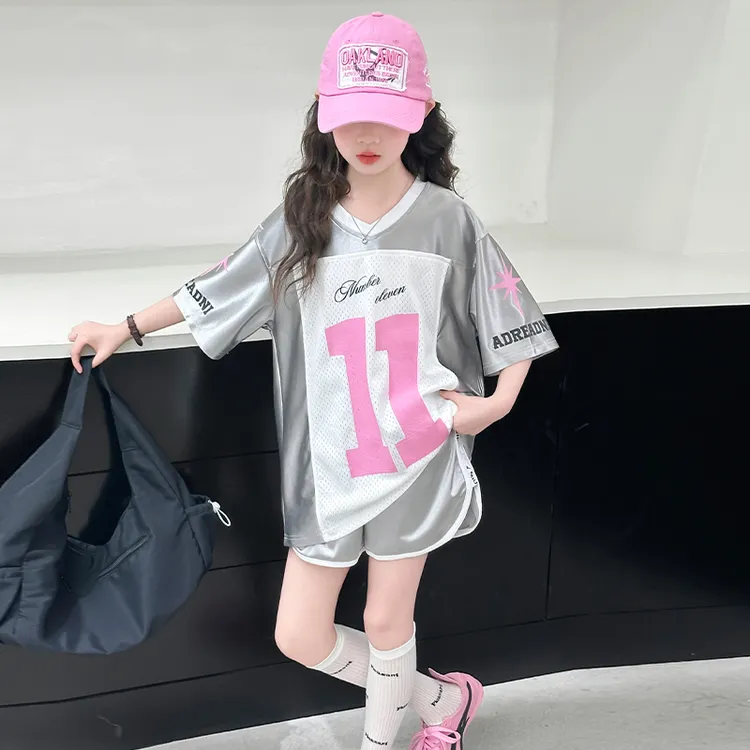 夏季女童时髦美式休闲套装中大儿童2025新款时尚宽松薄款运动球服