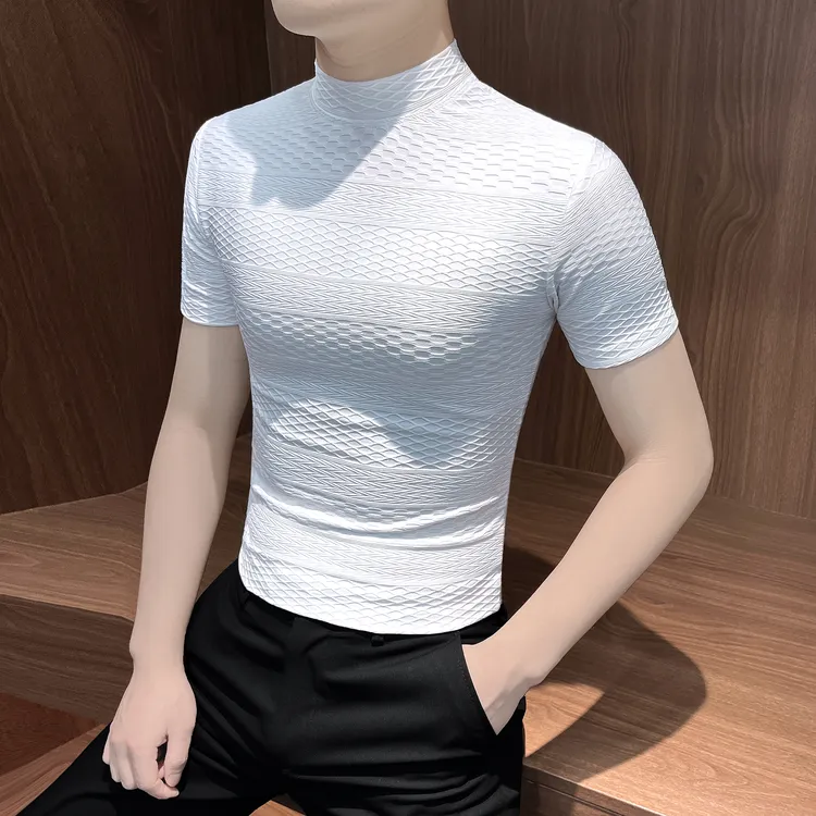 半高领短袖t恤男款爆款2025新款网红洋气炸街男装提花男士上衣服