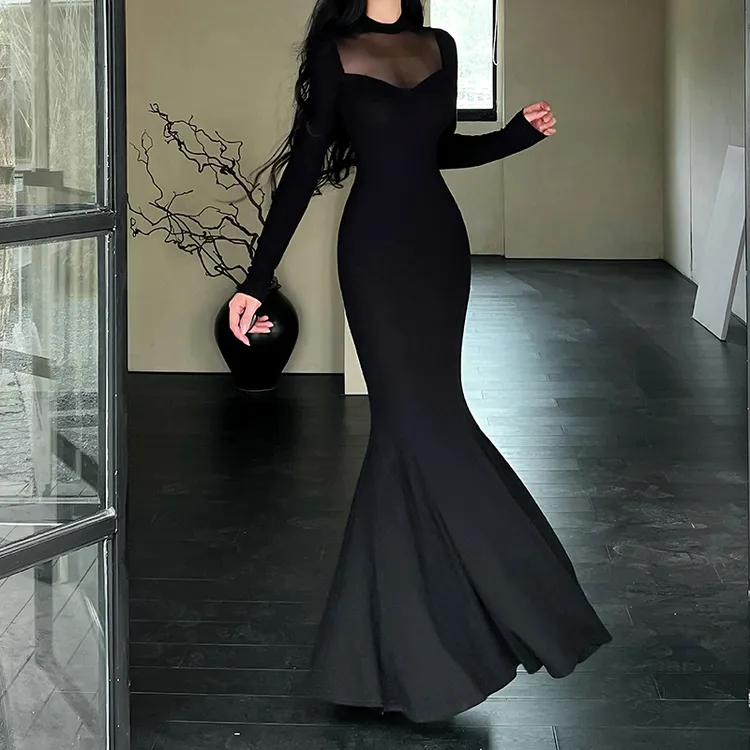 气质御姐风黑色网纱拼接露背连衣裙女秋季新款修身显瘦包臀长裙