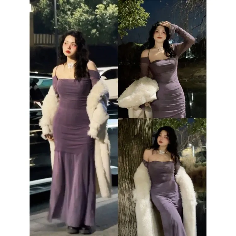 微胖大码韩系小众辣妹风高级感连衣裙女新款紫色优雅中秋推荐好物