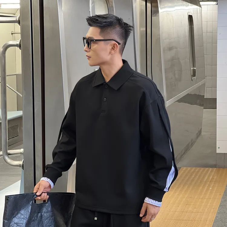 NO22WEAR【高定设计款】高级感条纹解构拼接翻领长袖T恤男秋季卫衣