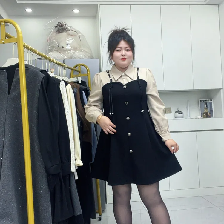 《大亭家》新款假两件拼接长袖连衣裙气质高级感遮肉显瘦时尚大码