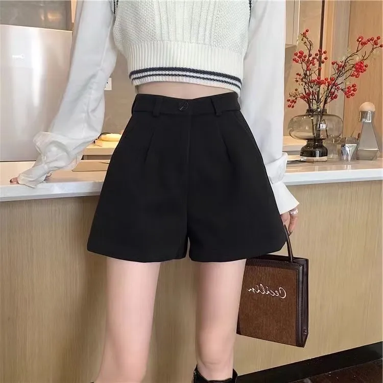 KALUOLAI/卡洛莱韩版毛呢短裤女秋冬款高腰遮胯阔腿裤小个子a字裤