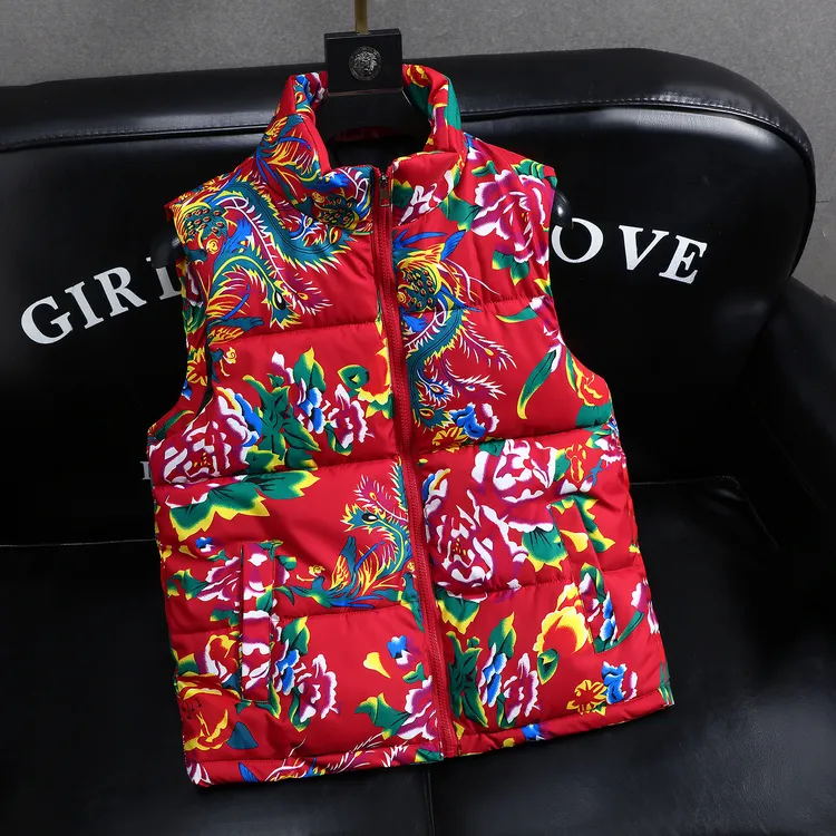 中国风东北大花男女立领棉马甲保暖背心坎肩红色喜庆潮流网红外套