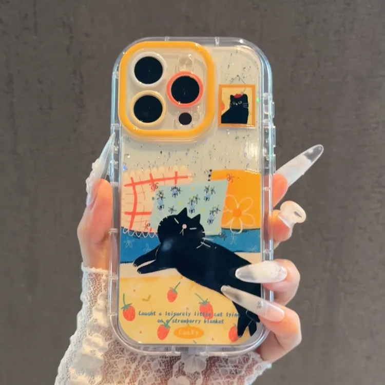 适用苹果16pro闪粉奶油手机壳华为p防摔mate60惬意猫咪15小米小众