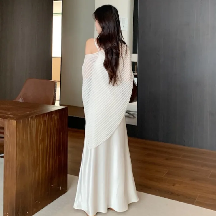 不规则气质斜肩针织罩衫女夏季时尚套装缎面吊带连衣裙两件套