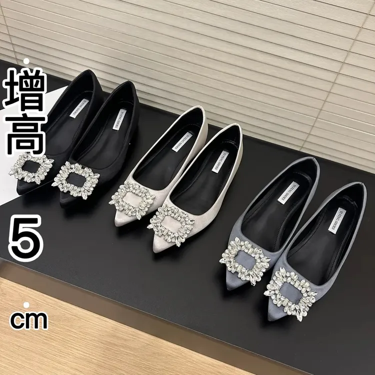 羊皮版～5cm增高水钻方扣绸缎尖头平底鞋女新款高级感气质浅口单鞋