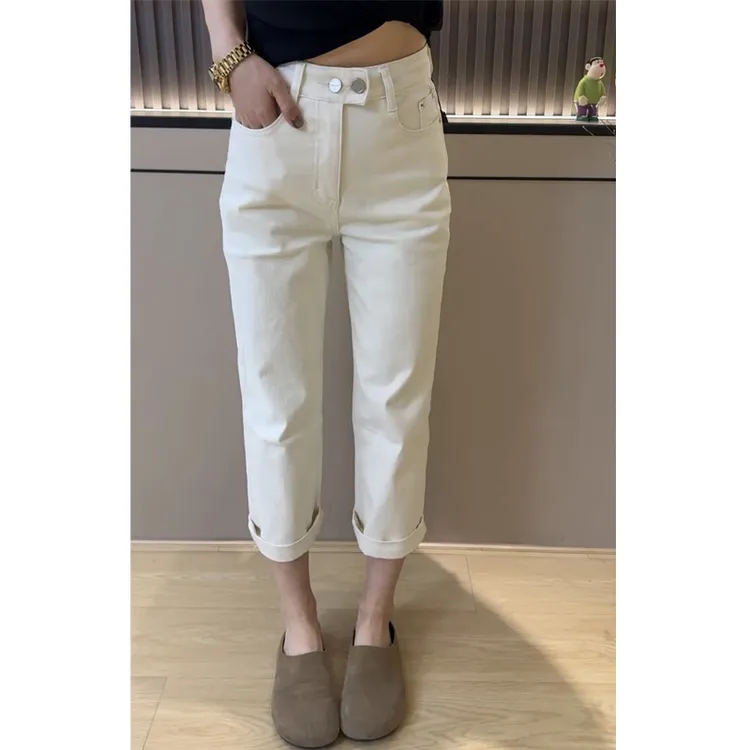 萱贝纯白色时尚直筒牛仔裤女2025春季新款高腰显瘦八分弹力烟管裤