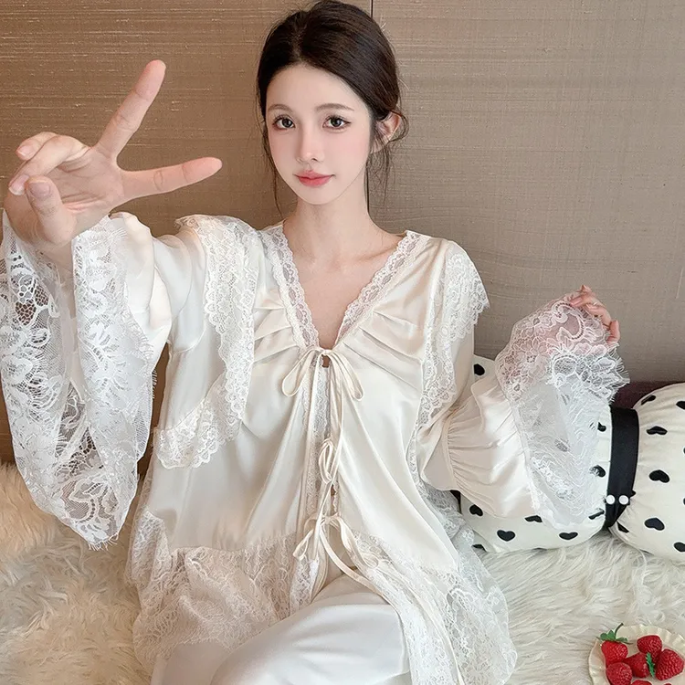 ZOCI2025新款春夏法式仙女风冰丝睡衣女V领蕾丝大花边家居服薄款