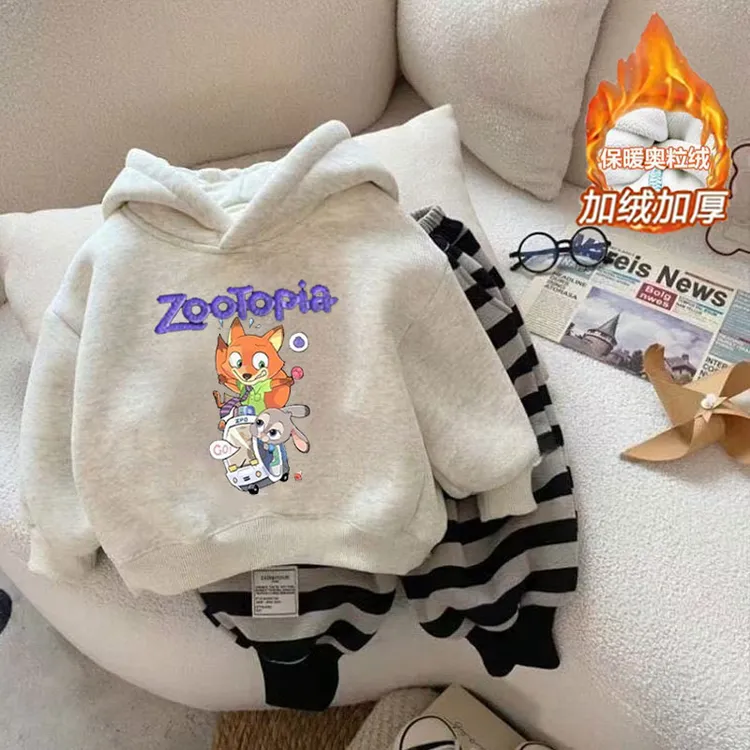 秋冬女童男童儿童2025加绒新款卫衣连帽洋气可爱印花卡通宝宝百搭