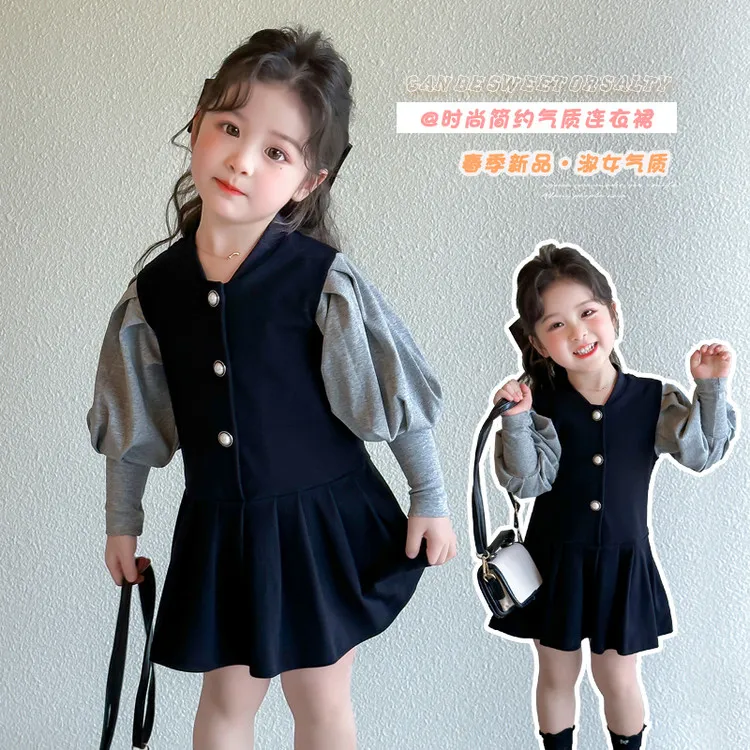 春季假两件拼接款长袖黑色单排扣A字裙女童小童3岁洋气百搭连衣裙