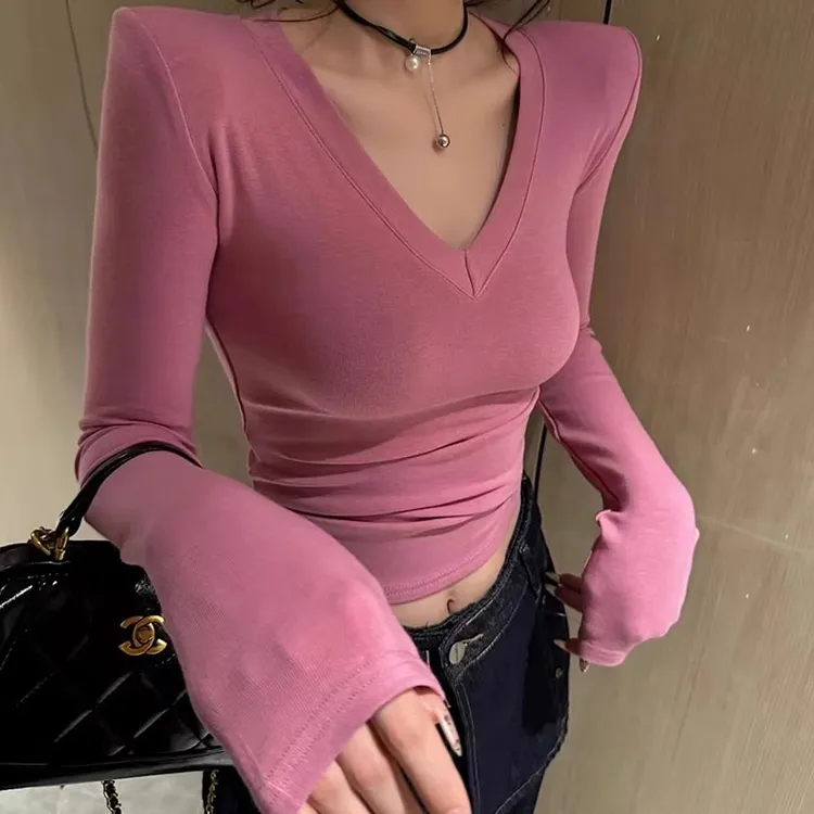 2025秋冬新款时尚纯欲风V领纯色百搭设计感修身显瘦短款长袖上衣