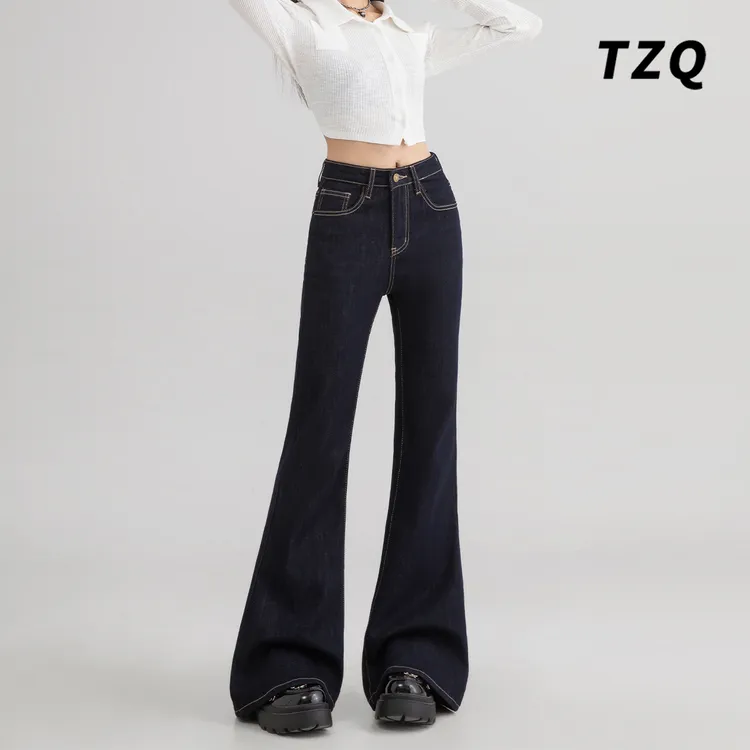 丹宁蓝加绒微喇牛仔裤女春秋款高腰修身拖地马蹄喇叭裤子TZQ91859