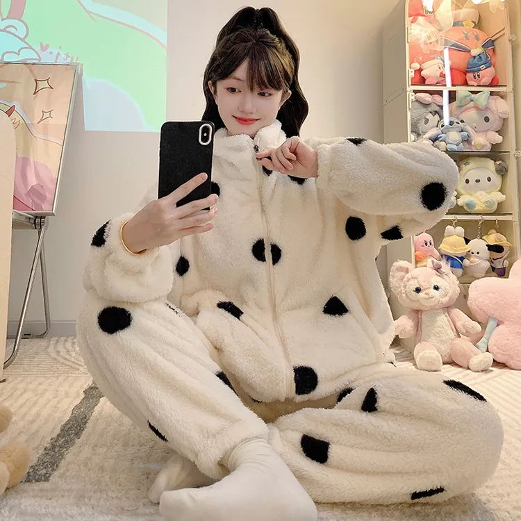 睡衣女秋冬季新款珊瑚绒加绒加厚拉链加肥加大宽松大码女士家居服