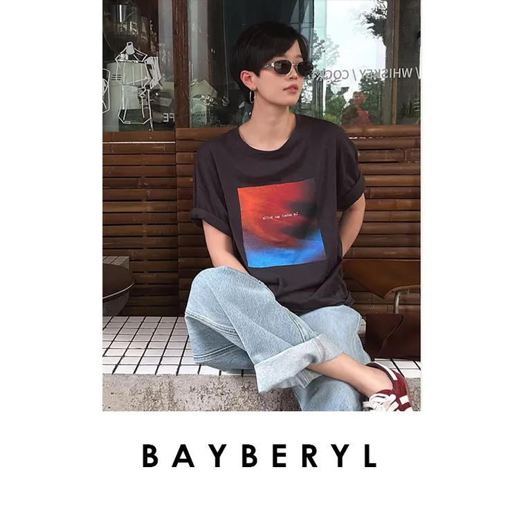 BAYBERYL老贝幻彩T*字母休闲圆领棉舒适印花T恤NT5E1913